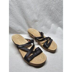 Crocs Women's A-Leigh Strappy Mini Leather Wedge Sandals Size 10 Black